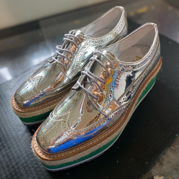 PRADA SS 2011 Silver Leather Brogues Derby Espadrille Creeper Sz 36/US 5.5-6 - Picture 1 of 10